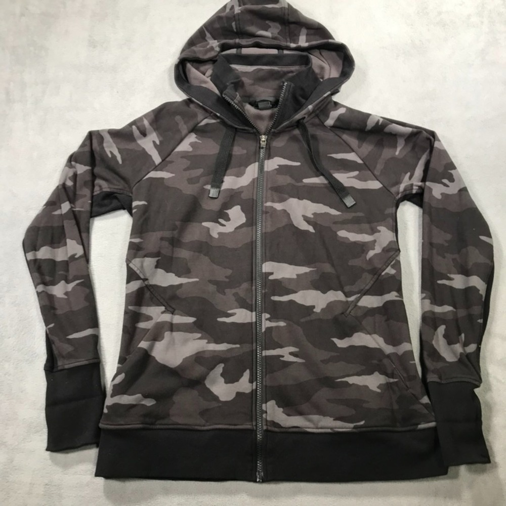 Athleta Full Zip Hoodie Women Large Gray Triumph Camouflage Activewear